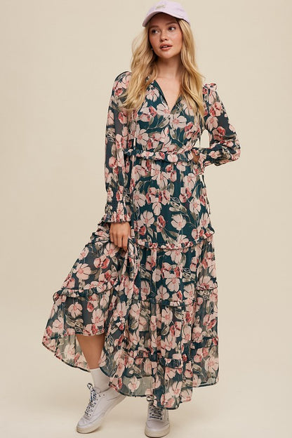 Hunter green floral maxi dress from Listicle with V-neck, ruffled tiers, and flowing silhouette, perfect for warm-weather wear.