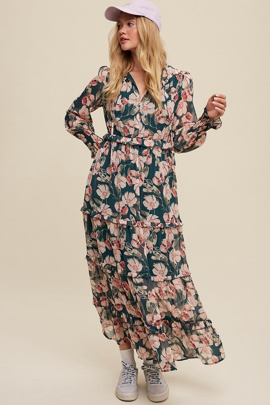 Hunter green floral maxi dress by Listicle featuring a V-neck, ruffled tiers, and a flowing silhouette, perfect for summer wear.