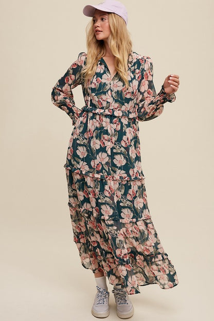 Hunter green floral maxi dress by Listicle featuring a V-neck, ruffled tiers, and a flowing silhouette, perfect for summer wear.
