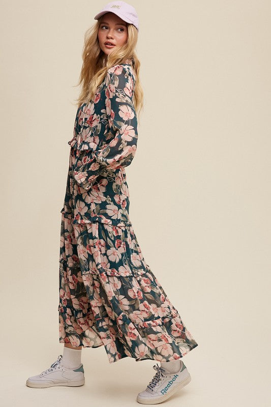 Hunter green floral maxi dress by Listicle with V-neck, ruffled tiers, perfect for summer or casual occasions.