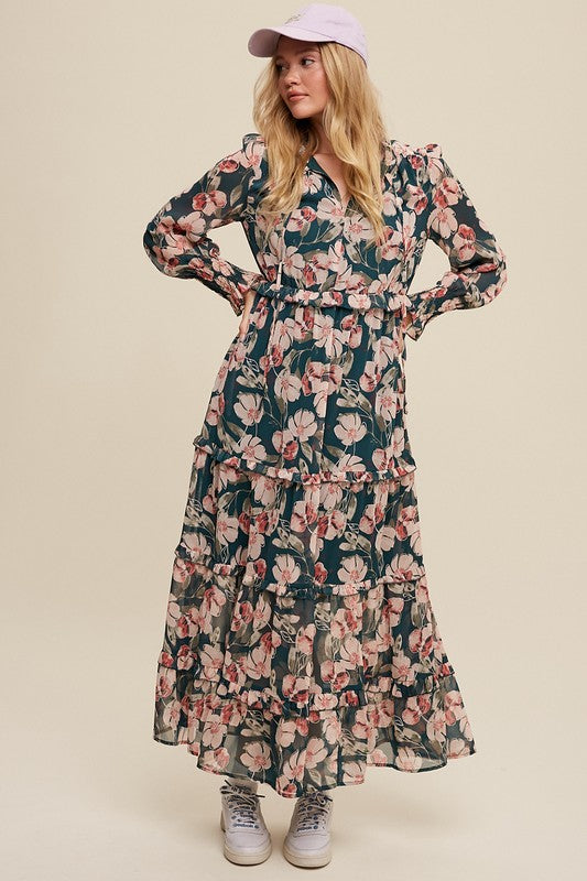 Hunter green floral maxi dress by Listicle featuring a V-neck, ruffled tiers, and a flowy, elegant design.