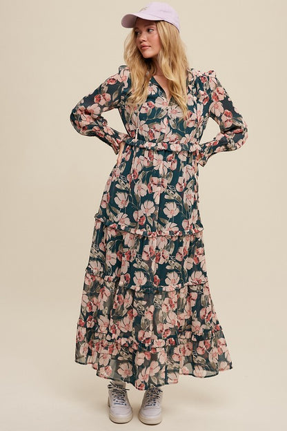 Hunter green floral maxi dress by Listicle featuring a V-neck, ruffled tiers, and a flowy, elegant design.