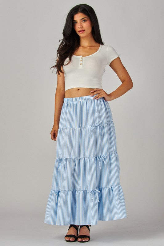Blue Love Poem Stripes and Bows Maxi Skirt with a flowy design and bow details, perfect for casual or dressy occasions.