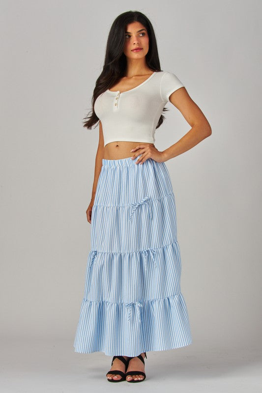 Blue Love Poem Stripes and Bows Maxi Skirt with flowing fabric and waist tie, stylish and comfortable for casual or dressy occasions.