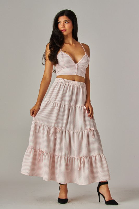 Pink Love Poem Stripes and Bows Maxi Skirt with bow accents and floral pattern, flowing design, and mid-length silhouette.