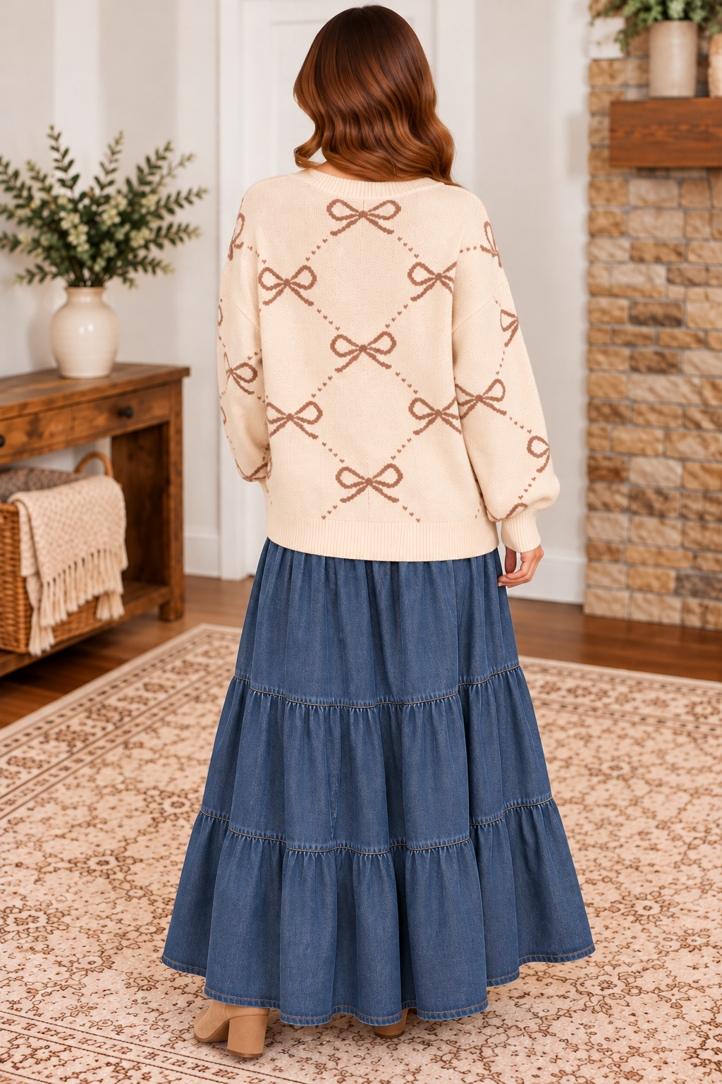 Back view of LovLov bow patterned sweater