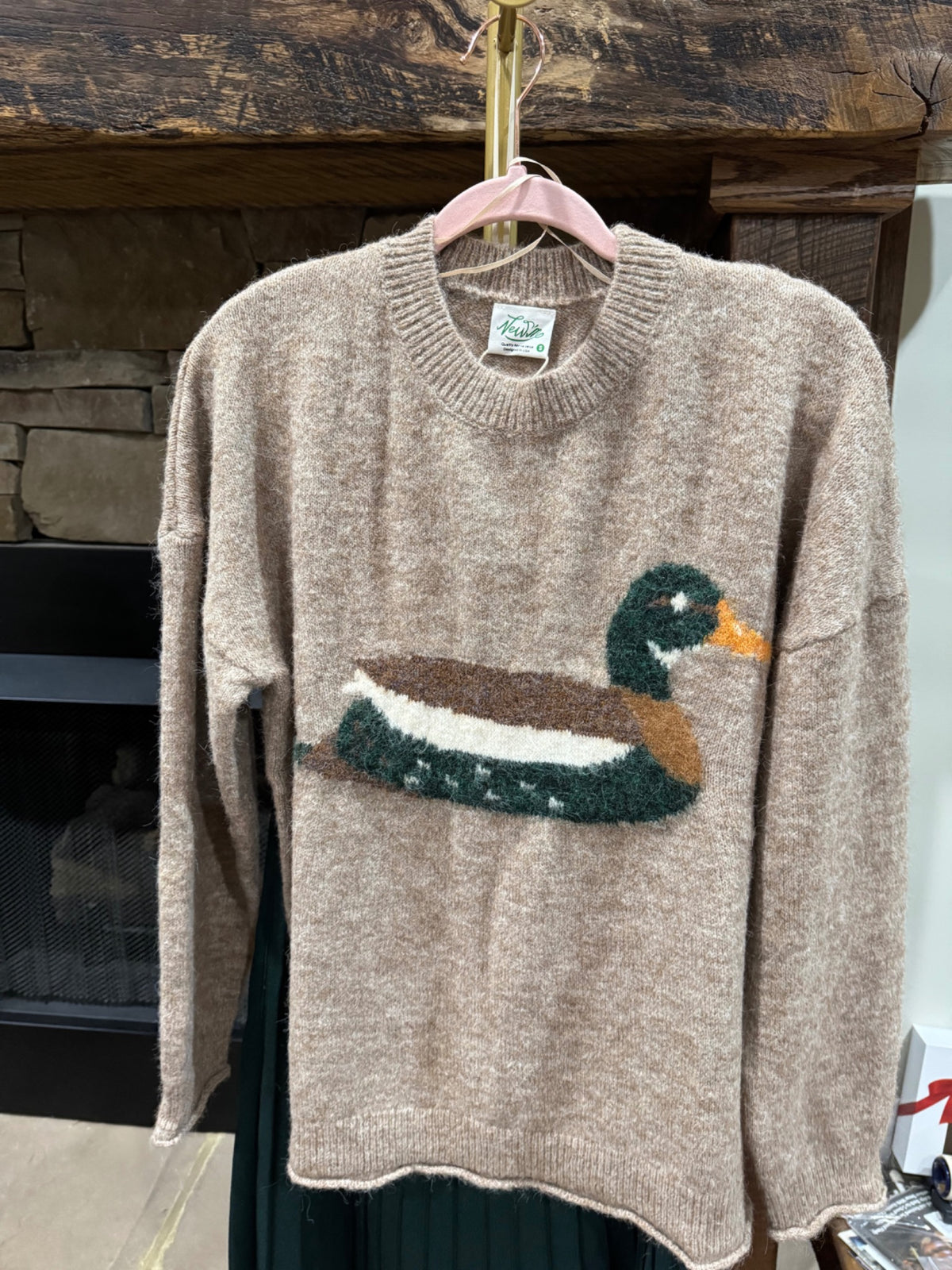 Mallard Drake heathered mocha duck sweater front detail