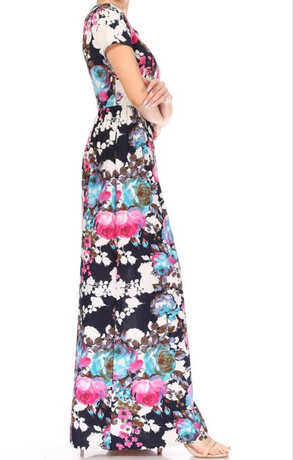 Miss M floral maxi dress with pockets, lightweight fabric, and vibrant floral pattern, perfect for casual summer wear.