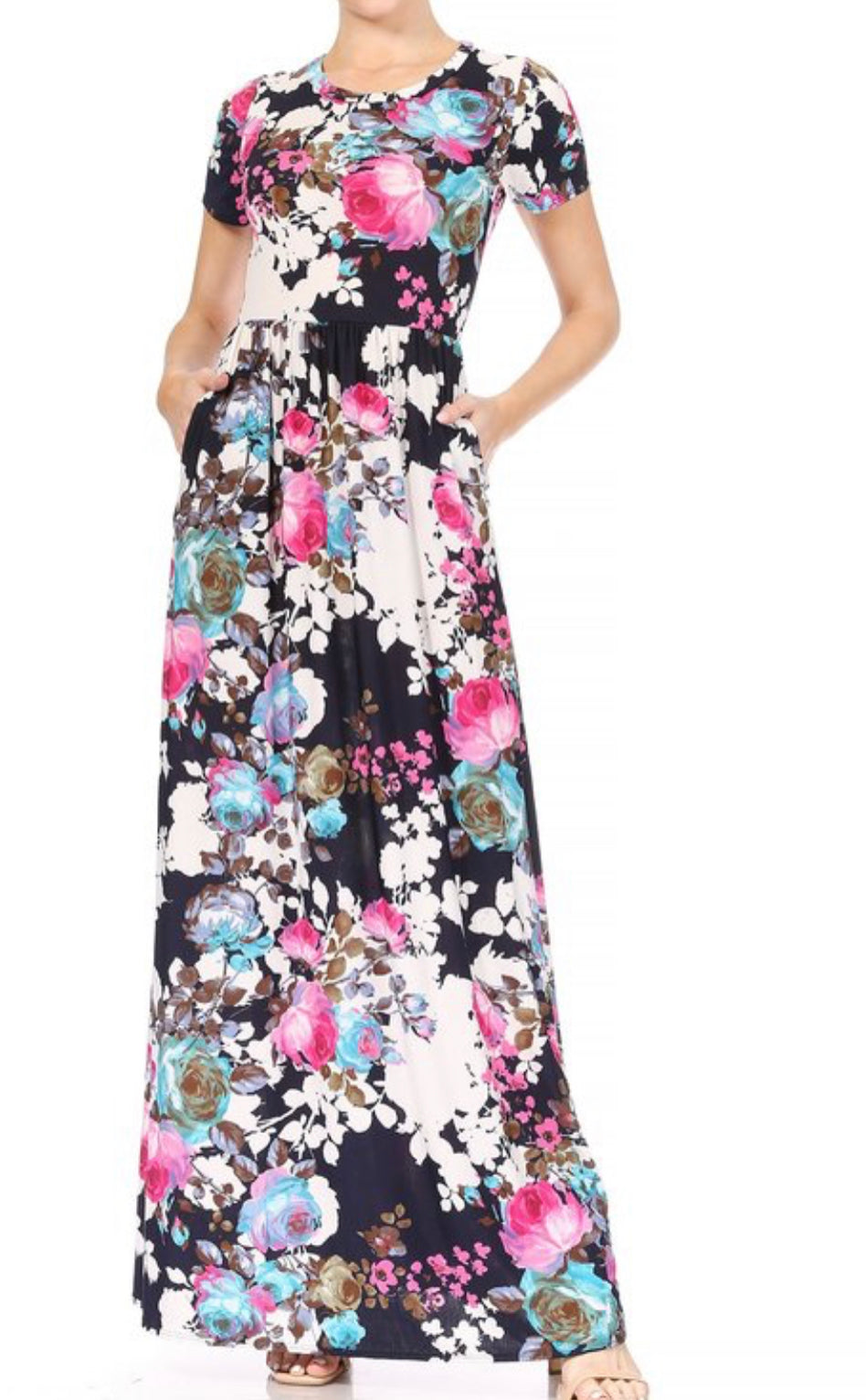 Miss M floral maxi dress with pockets, lightweight fabric, and vibrant floral pattern, perfect for casual or summer wear.