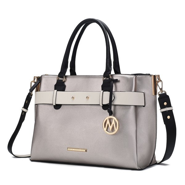 Black MKF Jamie women's satchel bag with multiple pockets, featuring a stylish design and functional storage options.