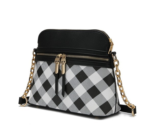 Light blue MKF Collection Suki checkered crossbody bag with spacious pockets, featuring a stylish design and adjustable strap.
