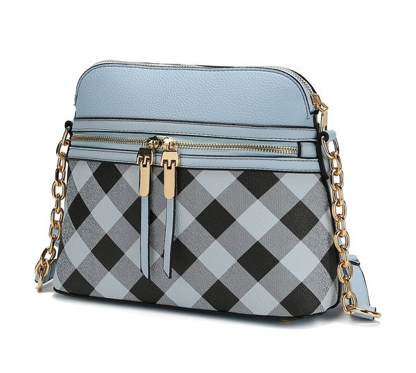 Light blue MKF Collection Suki checkered crossbody bag with spacious pockets, stylish design, and adjustable strap.
