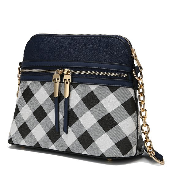 Light blue MKF Collection Suki checkered crossbody bag with spacious pockets and adjustable strap, stylish and functional accessory.