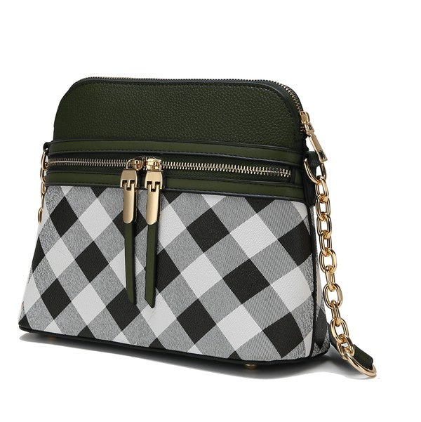 Light blue MKF Collection Suki checkered crossbody bag with spacious pockets and adjustable strap.