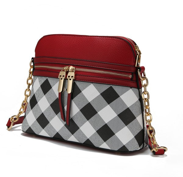 Light blue MKF Collection Suki checkered crossbody bag with spacious pockets and adjustable strap.