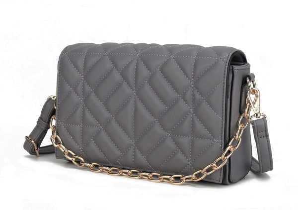 Taupe MKF Ursula crossbody bag by Mia K showing its compact size, adjustable strap, and stylish design.