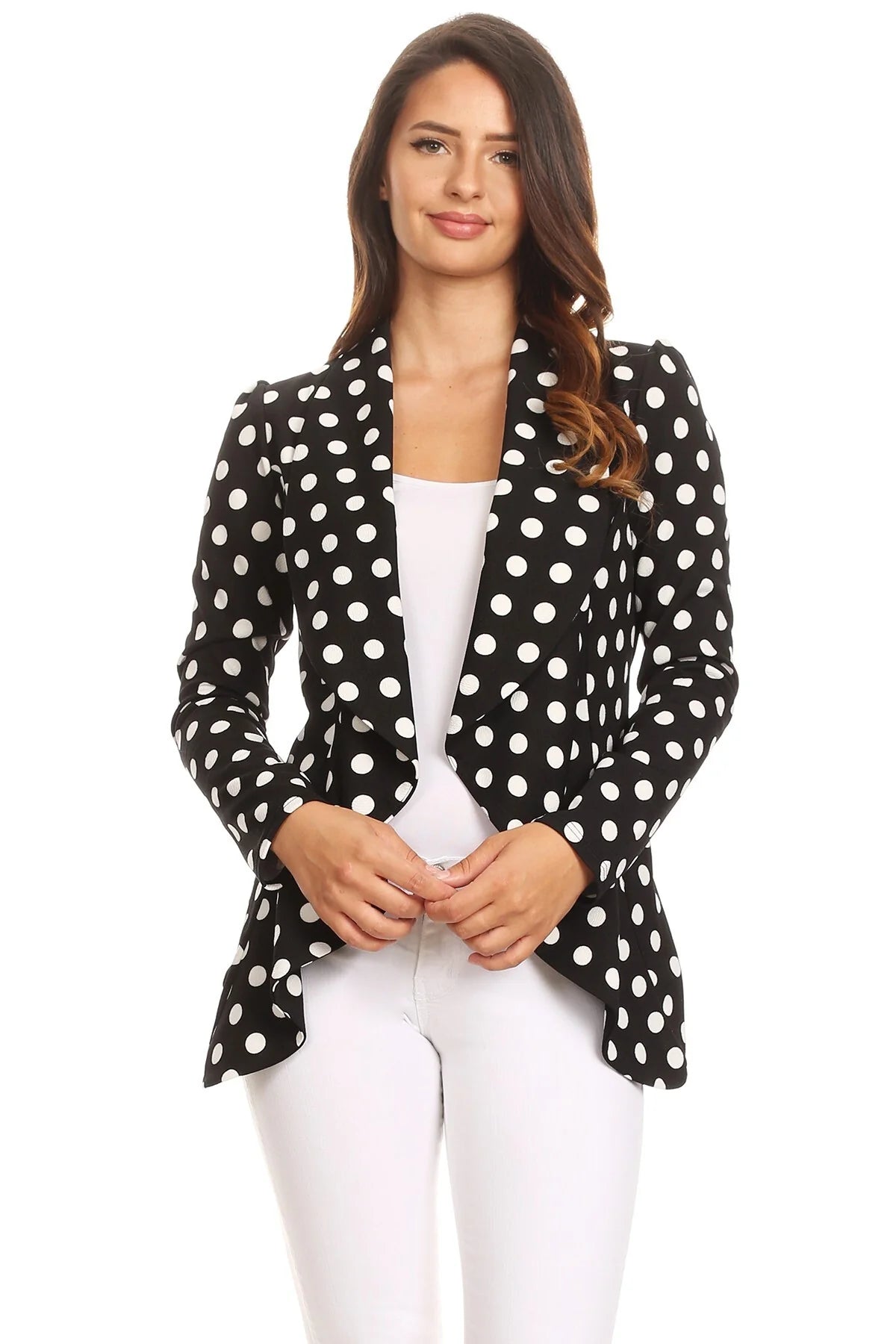 Black blazer with white polka dots from MOA Collection, stylish tailored blazer for women, featuring a classic pattern and modern fit.