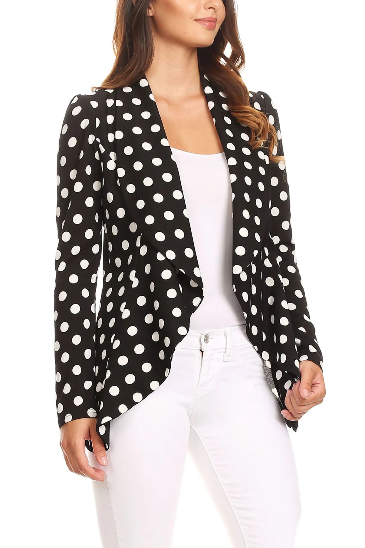 Black blazer with white polka dots from MOA Collection, tailored fit, featuring classic lapels and stylish design.