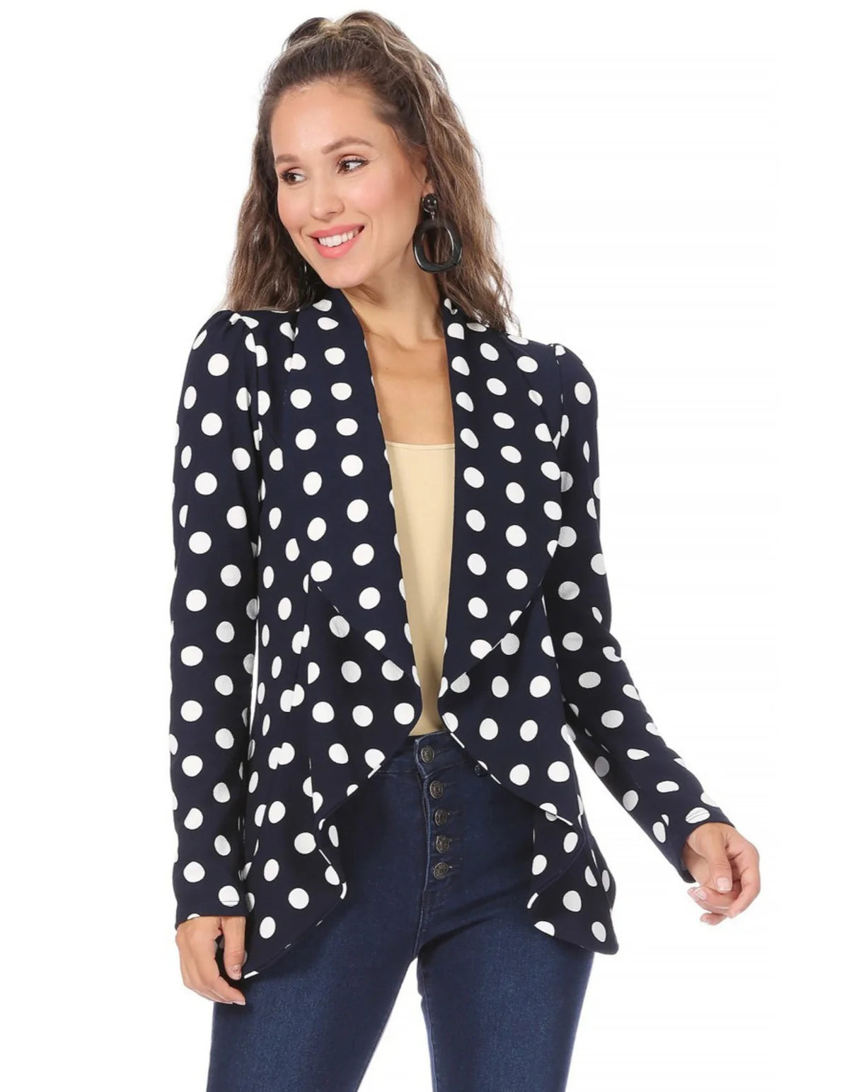 Black blazer with white polka dots from MOA Collection, tailored fit, featuring classic lapels and long sleeves.