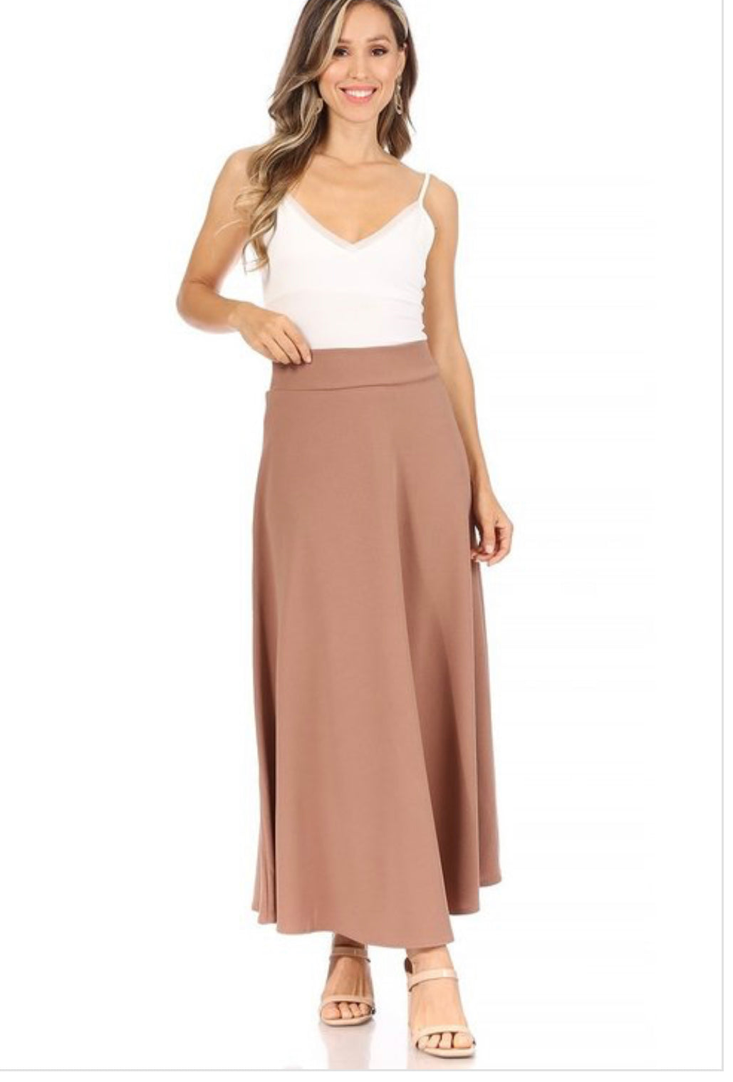 Dressy Liverpool Maxi Skirt by MOA Collection in hunter green, A-line style with elegant flowy fabric and waistband detail.