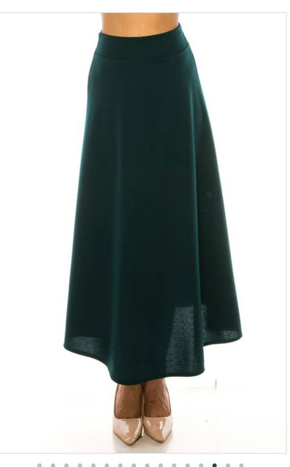 MOA Collection dressy A-line Liverpool maxi skirt in hunter green, stylish and flowy for elegant occasions.