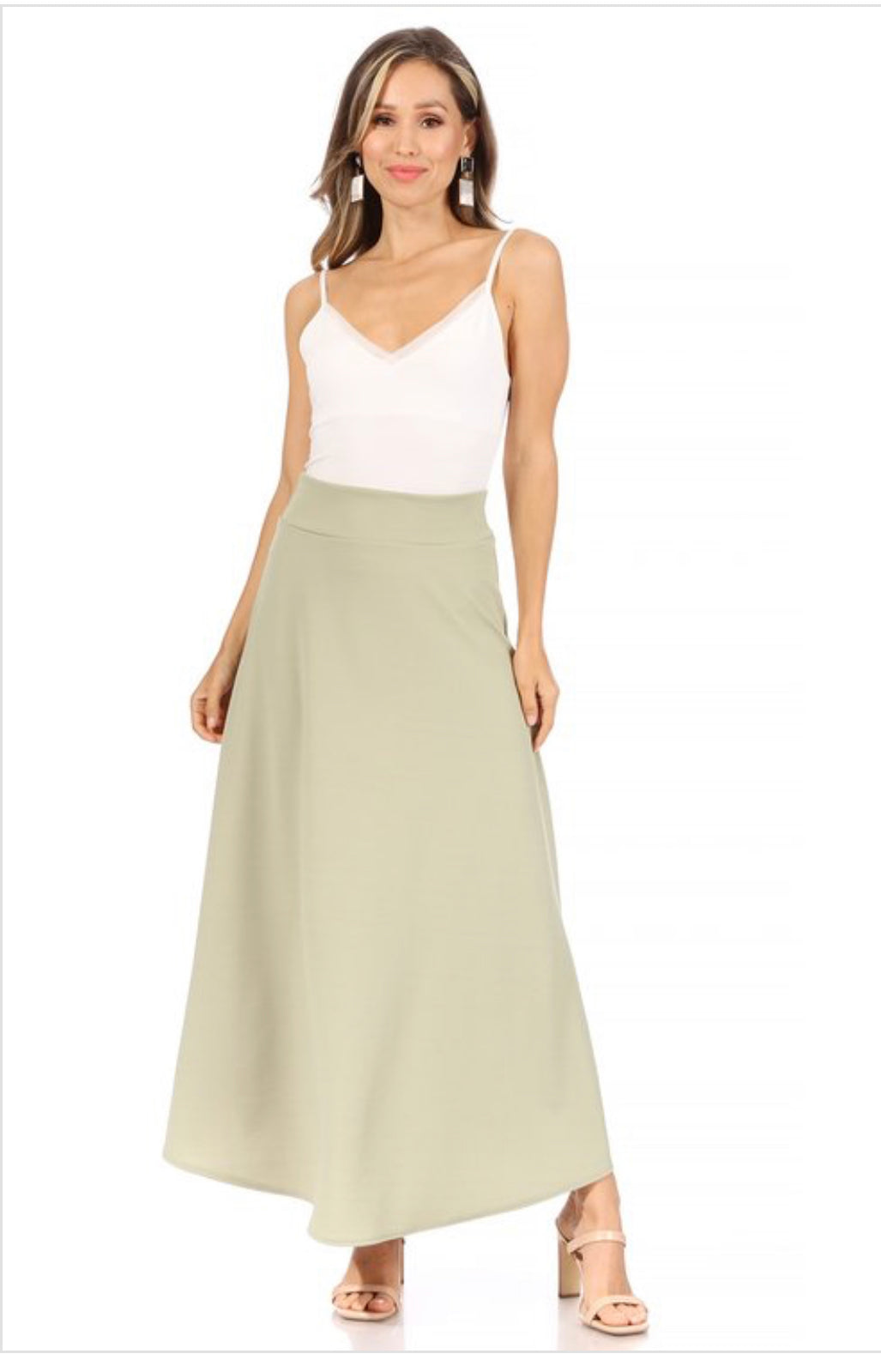 MOA Collection dressy A-line Liverpool maxi skirt in hunter green, featuring a flowy silhouette and elegant design.