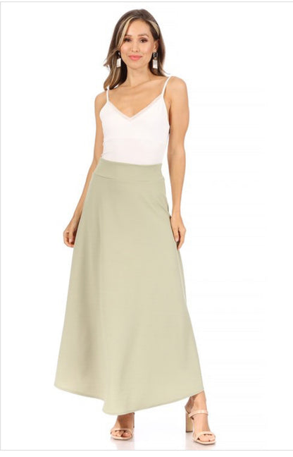 MOA Collection dressy A-line Liverpool maxi skirt in hunter green, featuring a flowy silhouette and elegant design.