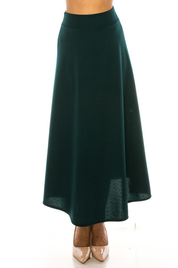 MOA Collection dressy A-line Liverpool maxi skirt in hunter green, featuring a flowy silhouette and elegant design.