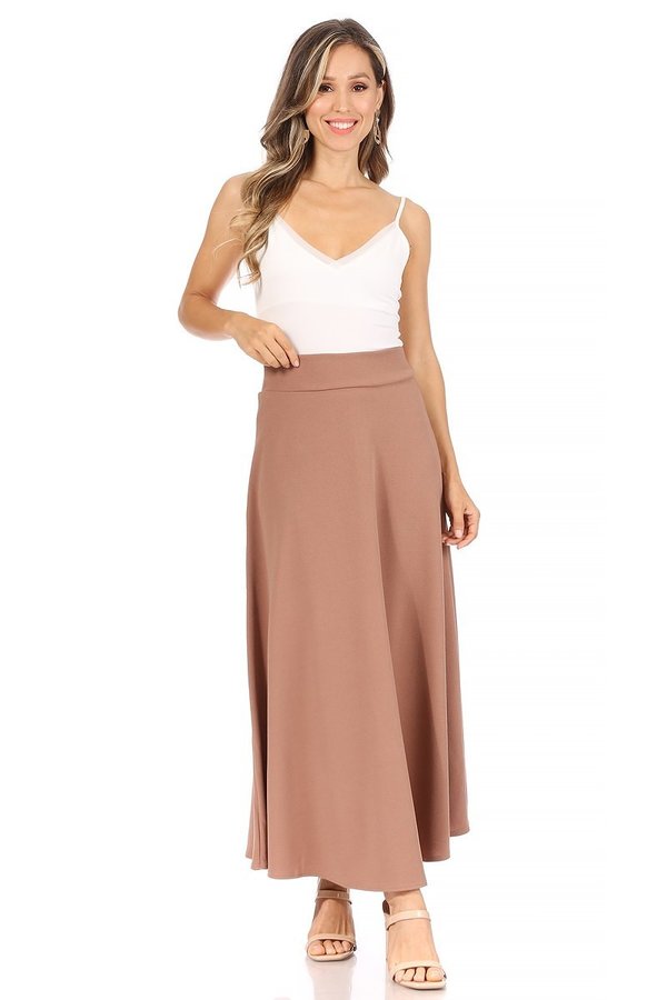 MOA Collection dressy A-line Liverpool maxi skirt in hunter green, shown in a close-up of the stylish skirt fabric and fit.