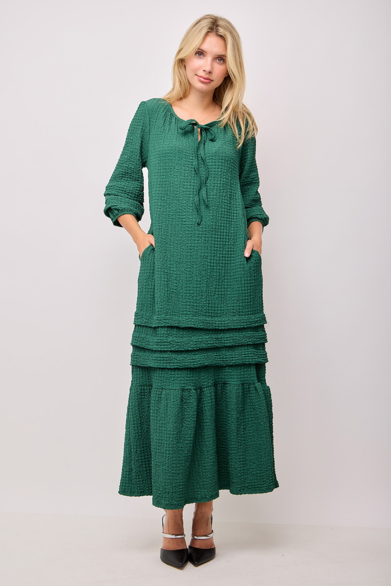 Beige textured pin tuck maxi dress with pockets from Modest and Devoted Designs, shown with other color options.