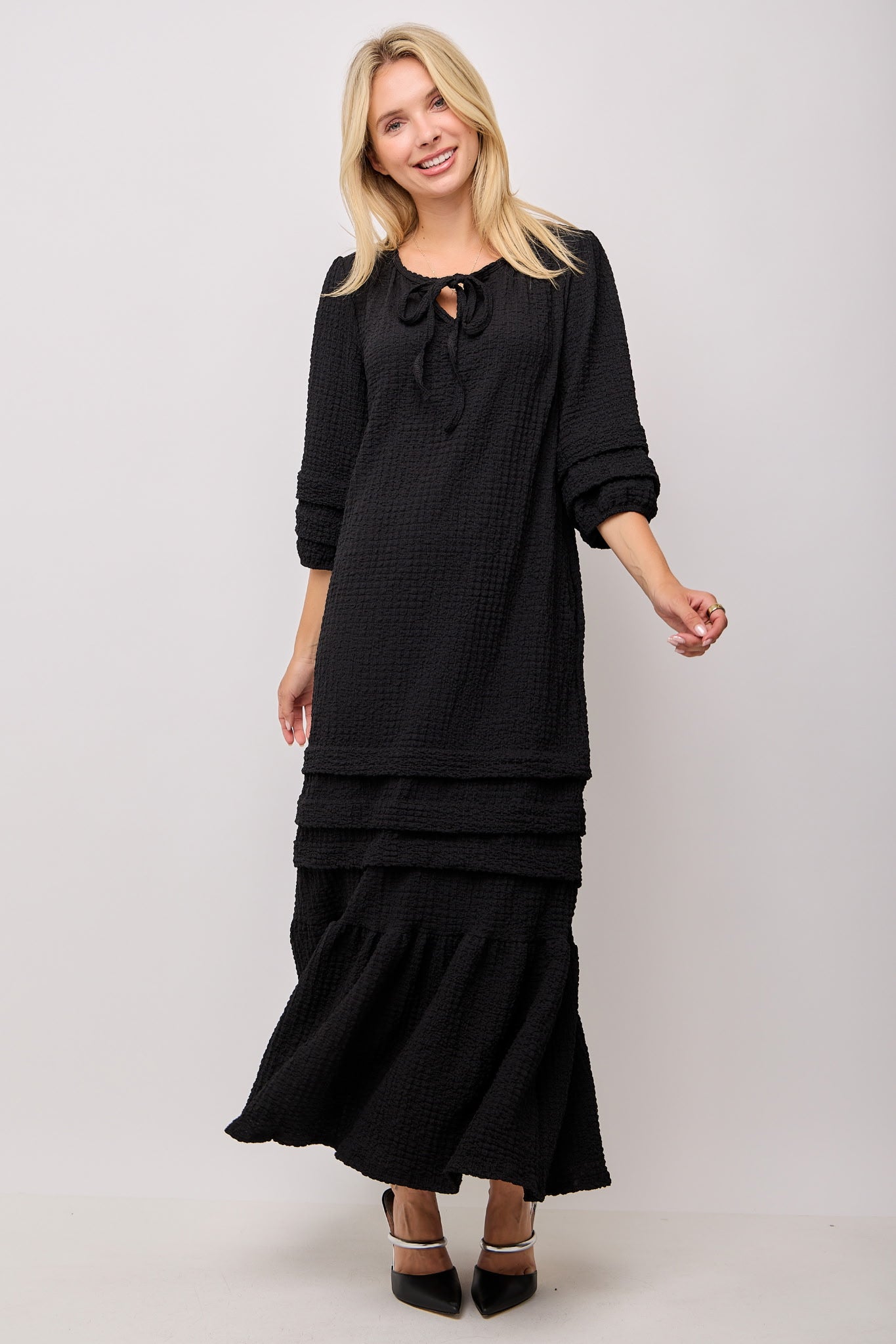 Beige textured pin tuck maxi dress with pockets from Modest and Devoted Designs, shown with other color options.