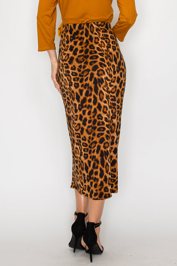 Leopard print pencil skirt from Modest and Devoted Designs with a fully lined interior and elastic waistband.