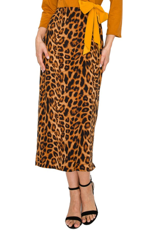 Leopard print fully lined pencil skirt with elastic waist from Modest and Devoted Designs, showcasing a fitted silhouette.