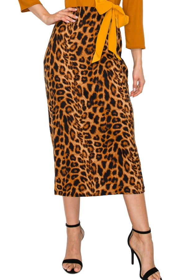 Leopard print fully lined pencil skirt with elastic waist from Modest and Devoted Designs, tailored for a sleek fit.