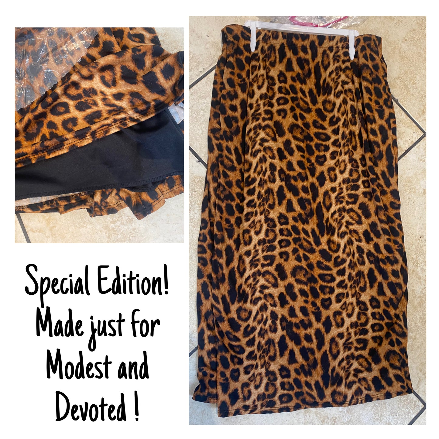 Leopard print fully lined pencil skirt with elastic waist from Modest and Devoted Designs, stylish and comfortable for everyday wear.