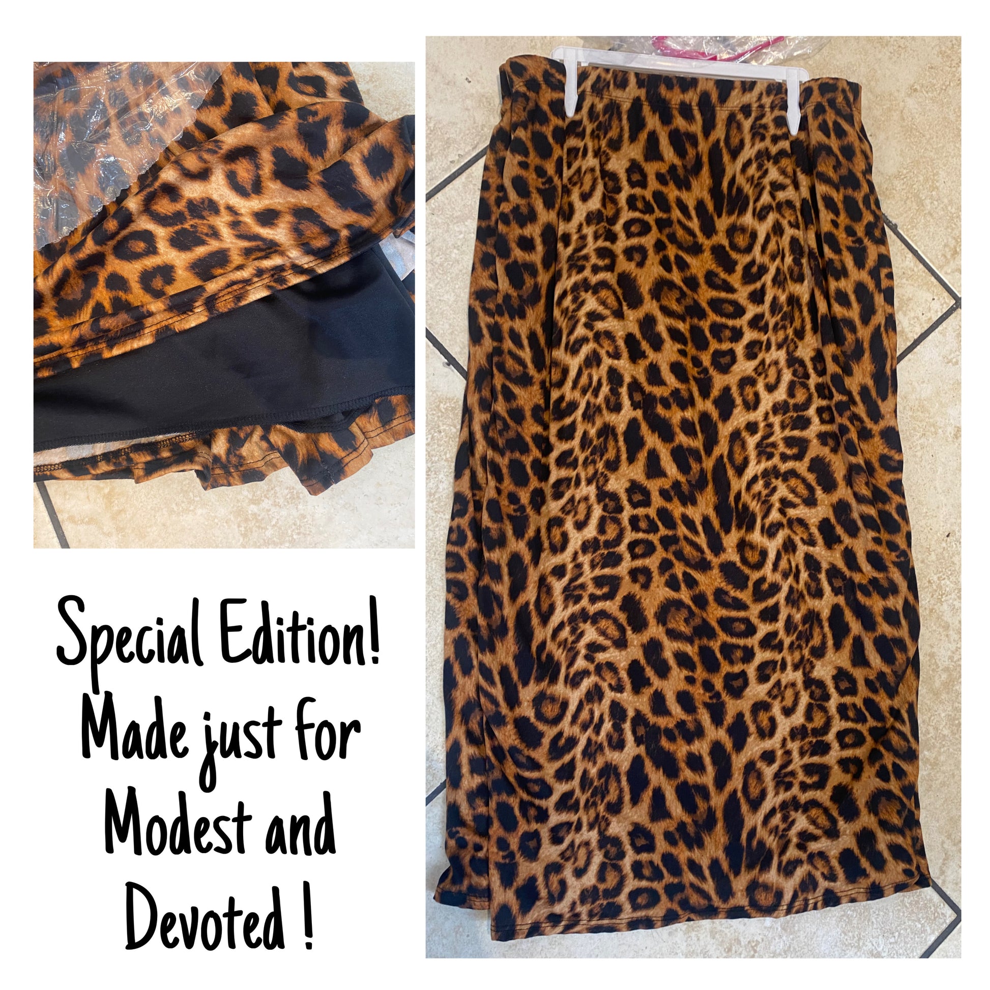 Leopard print fully lined pencil skirt with elastic waist from Modest and Devoted Designs, stylish and comfortable for everyday wear.
