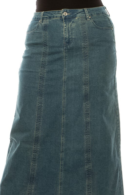 ModestAndDevoted BeGirl Plus Stitch Style Denim Maxi dress with stitch details, full length, and flowing silhouette.