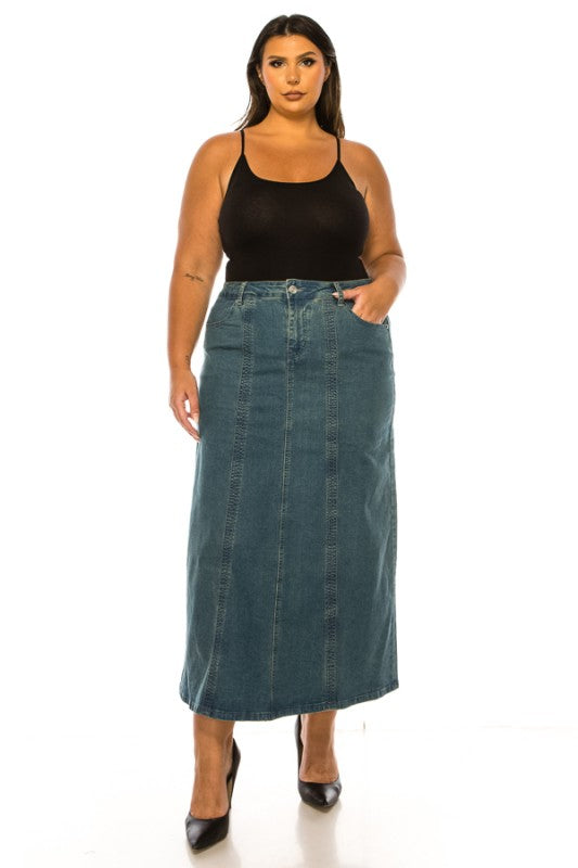 BeGirl Plus Stitch Style Denim Maxi dress by ModestAndDevoted, featuring a long denim fabric with stitch details.