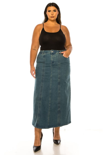 ModestAndDevoted BeGirl Plus Stitch Style denim maxi dress with stitch details, full-length design, stylish and modest fashion.