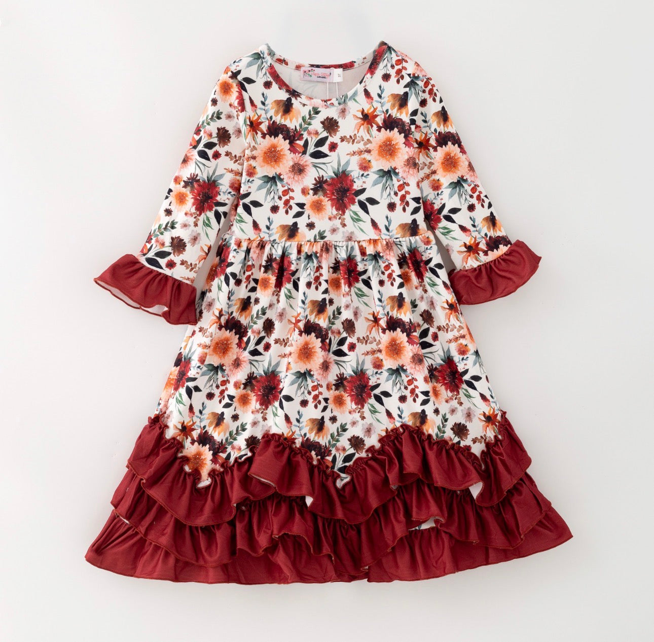 Girls Maxi Mahogany Bouquet Ruffle Dress by ModestAndDevoted featuring long sleeves and floral pattern, perfect for special occasions.