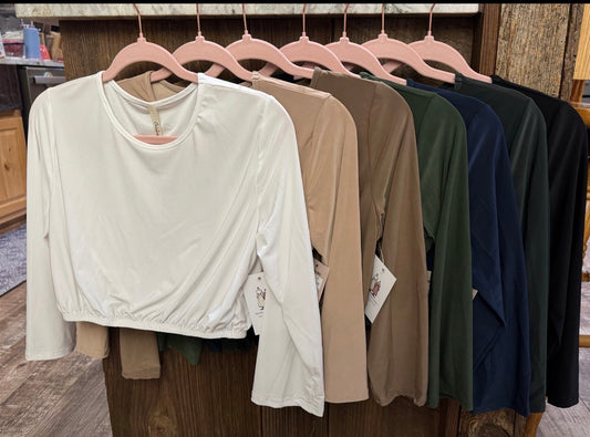 ModestAndDevoted 3/4 sleeve cropped layering top in assorted colors, lightweight fabric, casual style, perfect for layering.