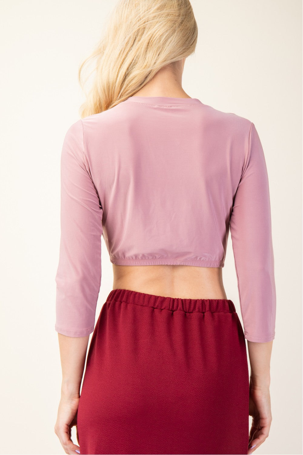 ModestAndDevoted black 3/4 sleeve cropped layering top in assorted colors, casual fashion for versatile styling.