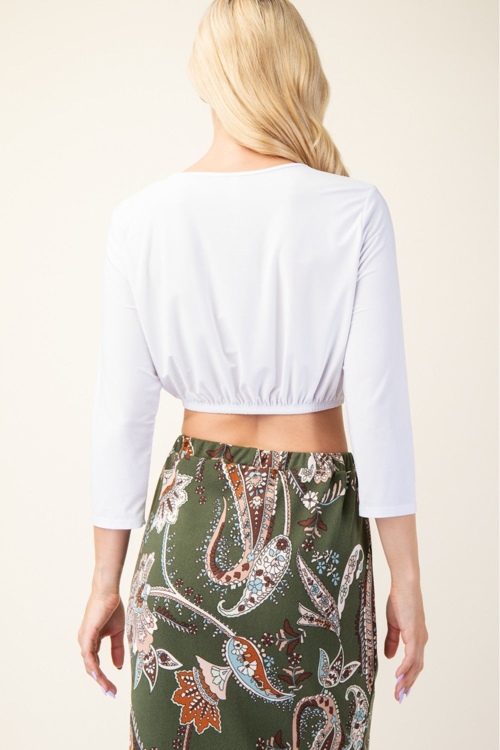 ModestAndDevoted 3/4 sleeve cropped layering top in assorted colors, stylish and versatile for casual or layered outfits.
