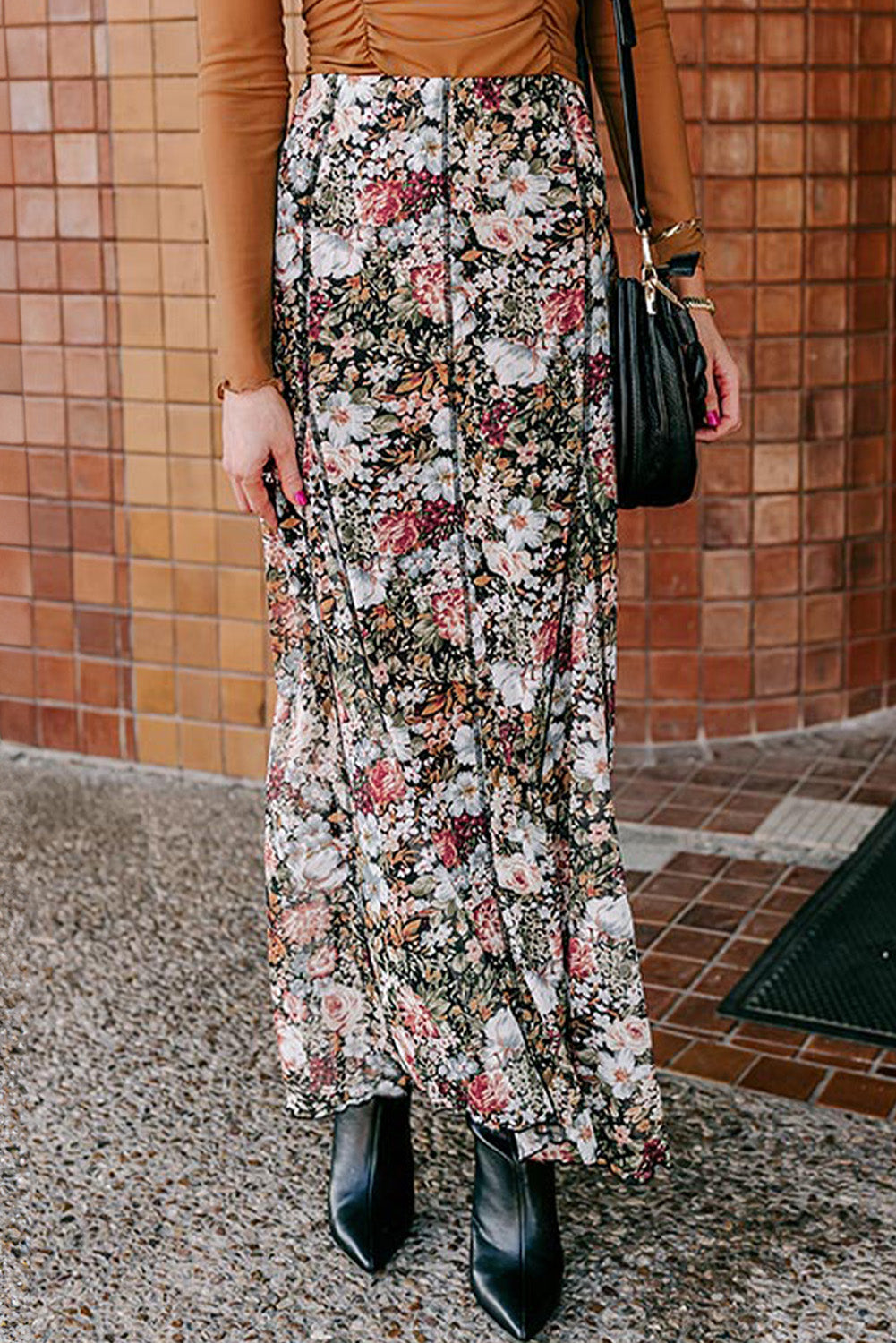 Brown floral print high waist maxi skirt from ModestAndDevoted, featuring a flowing design and elegant pattern.