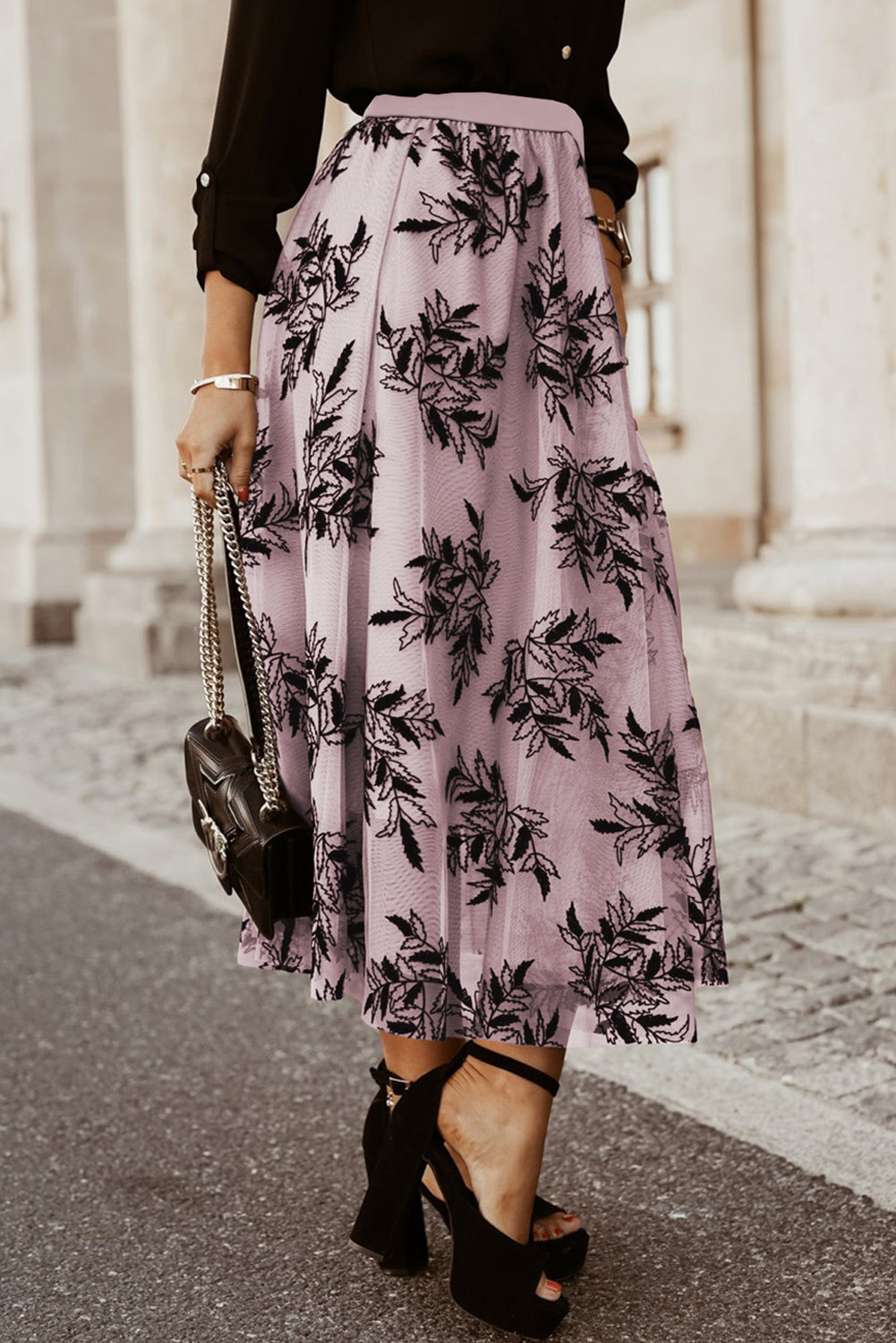 Peach blossom floral embroidered high waist maxi skirt by ModestAndDevoted, featuring intricate floral leaves on lightweight polyamide fabric.