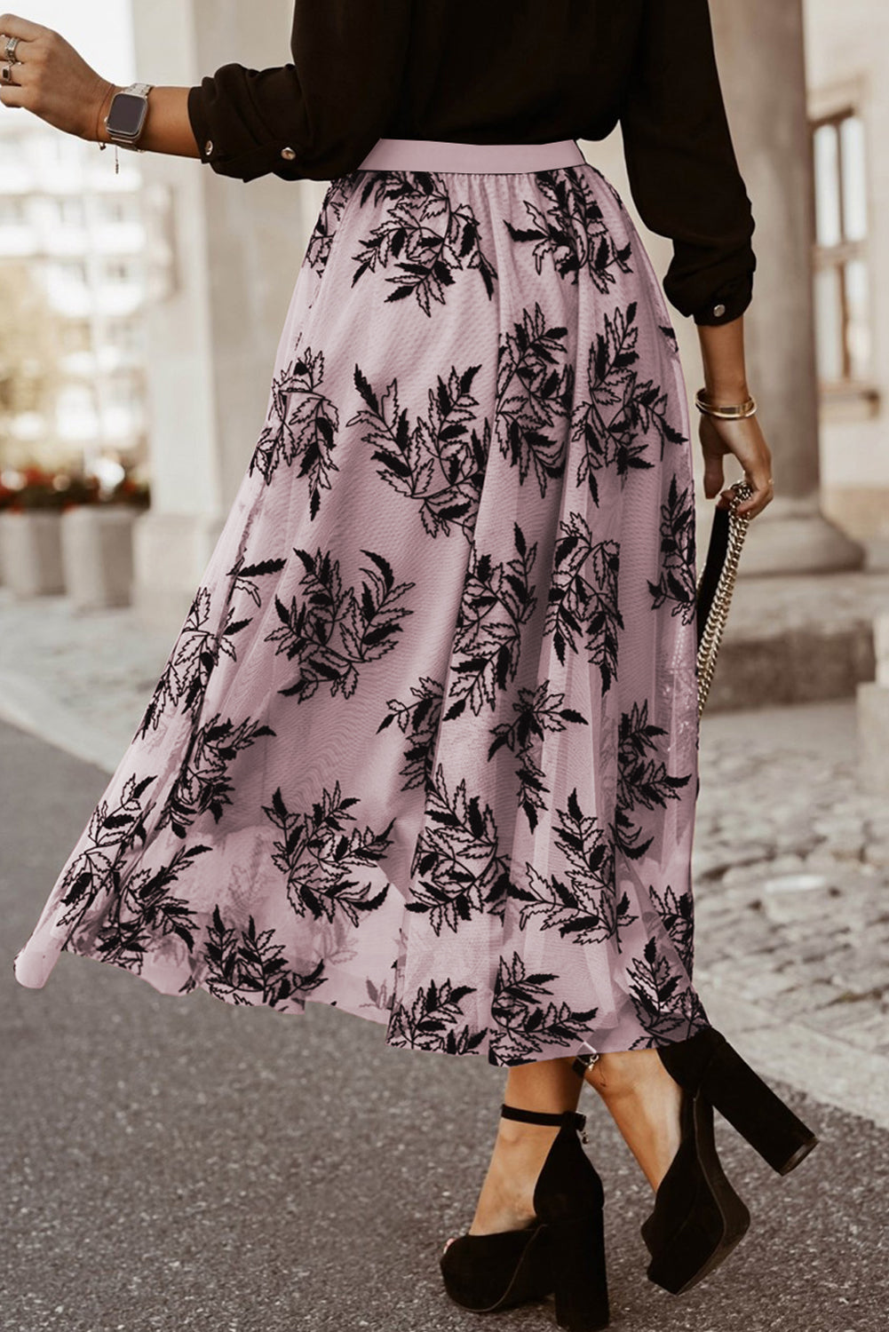 Peach Blossom floral leaves embroidered high waist maxi skirt by ModestAndDevoted, flowing peach-colored skirt with intricate embroidery.