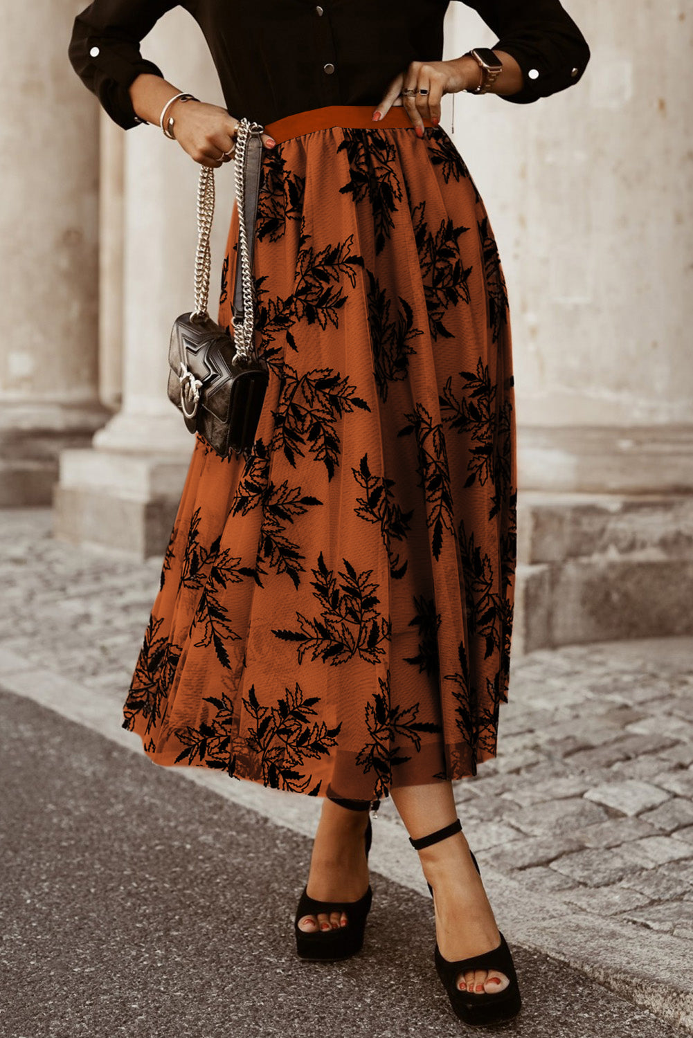 Peach blossom floral leaves embroidered high waist maxi skirt by ModestAndDevoted, showcasing intricate embroidery and flowing fabric.