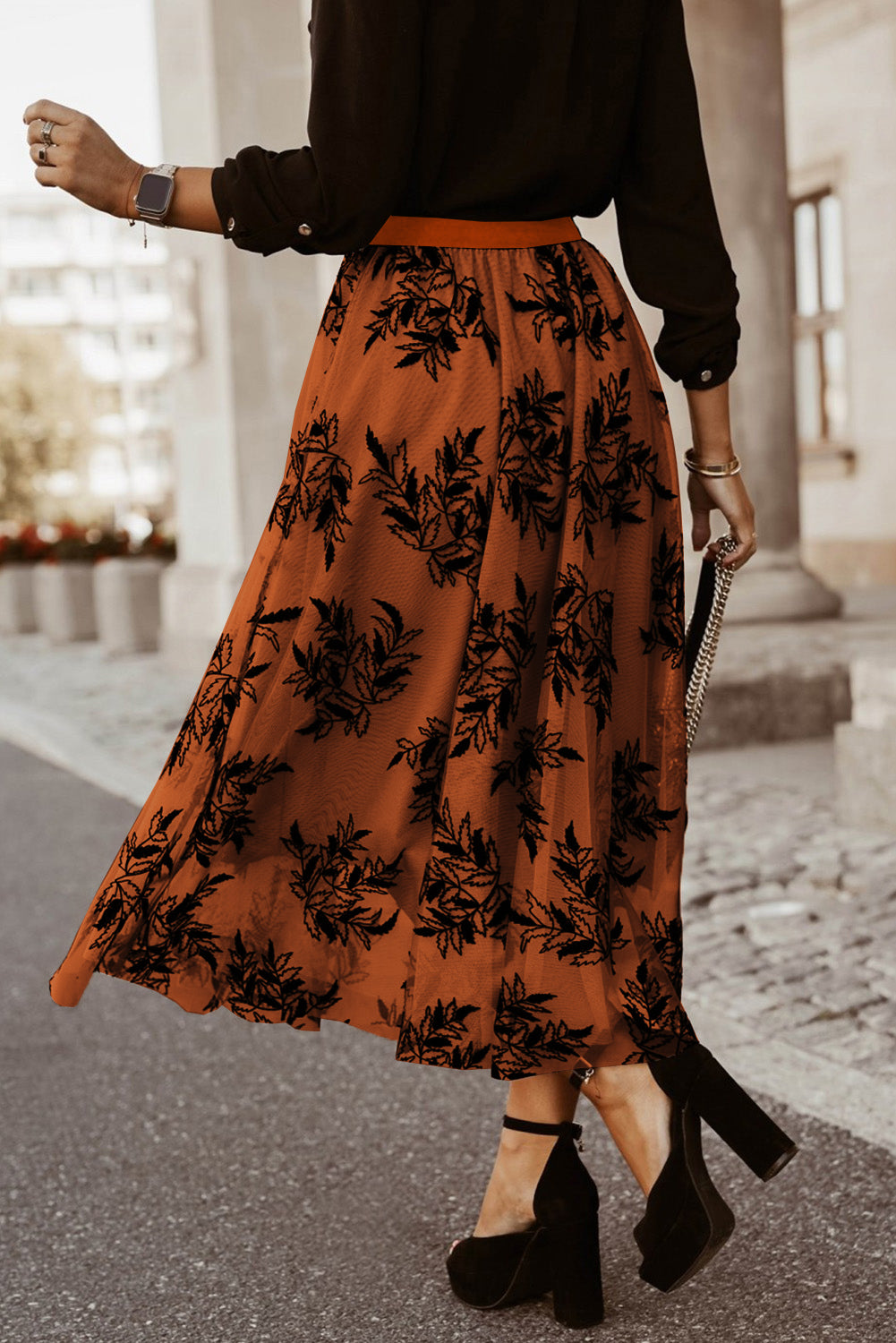 Peach Blossom floral embroidered high waist maxi skirt by ModestAndDevoted, featuring detailed floral leaves and elegant flowy design.