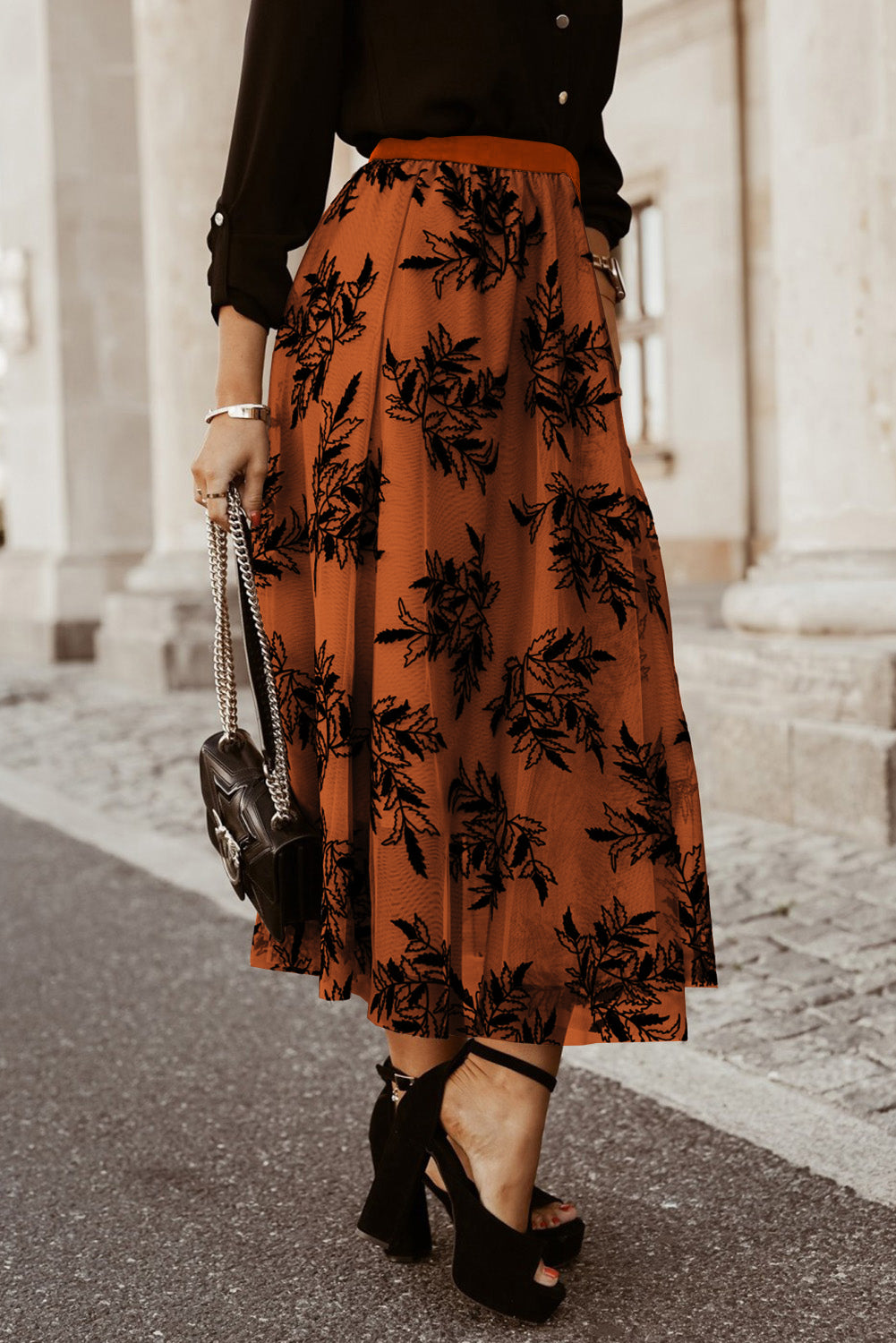 Peach Blossom floral leaves embroidered high waist maxi skirt by ModestAndDevoted, flowing peach-colored skirt with intricate floral embroidery.