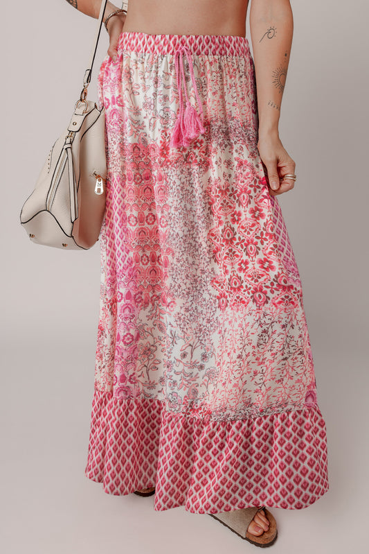 Red boho pattern print maxi dress by ModestAndDevoted featuring tassel drawstring and high waist, made of polyester.